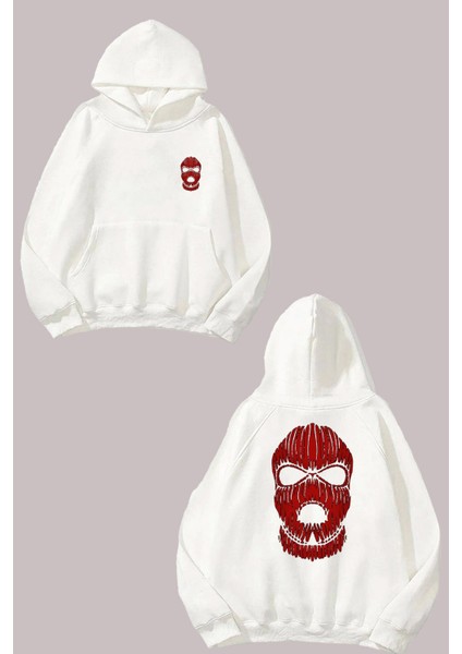 Unisex Red Mask Tasarım Ön Arka Baskılı Normal Kalıp Beyaz Sweatshirt