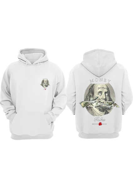 Unisex Money Talks Tasarım Ön Arka Baskılı Normal Kalıp Beyaz Sweatshirt