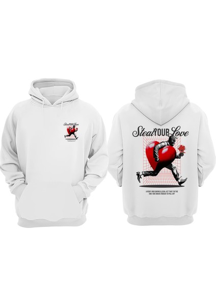 Unisex Steal Your Love Tasarım Ön Arka Baskılı Normal Kalıp Beyaz Sweatshirt
