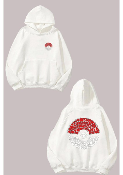 Unisex Pokemon Topu Karakterler Tasarım Ön Arka Baskılı Normal Kalıp Beyaz Sweatshirt