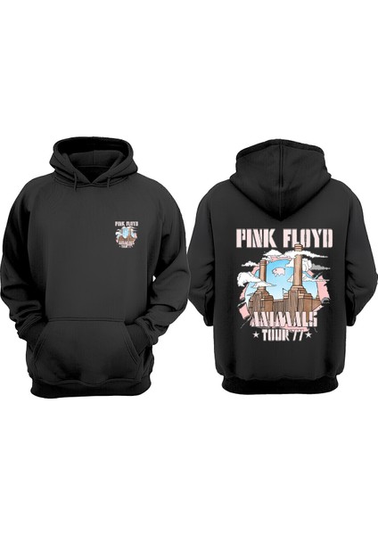 Unisex Pink Floyd Anımals Tasarım Ön Arka Baskılı Normal Kalıp Siyah Sweatshirt
