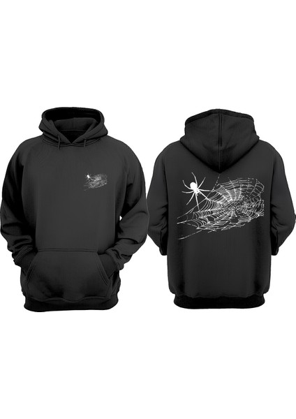 Örümcek Ağı Tasarım Ön Arka Baskılı Normal Kalıp Siyah Sweatshirt