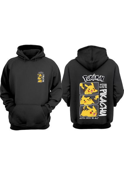 Unisex Pikachu Cute Tasarım Ön Arka Baskılı Normal Kalıp Siyah Sweatshirt