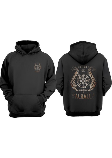 Unisex Wıctory Or Valhalla Tasarım Ön Arka Baskılı Normal Kalıp Siyah Sweatshirt