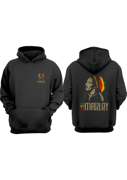 Unisex Bob Marley Renkli Bere Tasarım Ön Arka Baskılı Normal Kalıp Siyah Sweatshirt