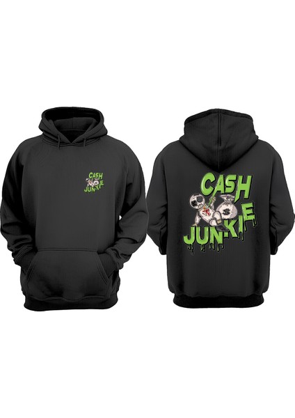 Unisex Cash Junkıe Tasarım Ön Arka Baskılı Normal Kalıp Siyah Sweatshirt
