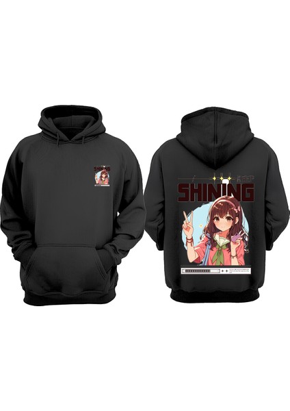 Unisex Cute Anime Girl Tasarım Ön Arka Baskılı Normal Kalıp Siyah Sweatshirt