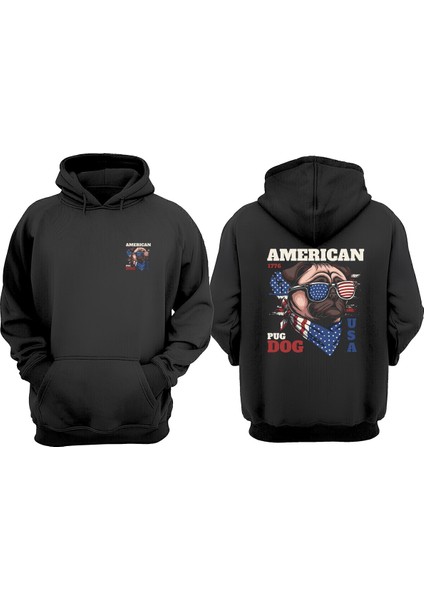 Unisex American Pug Dog Tasarım Ön Arka Baskılı Normal Kalıp Siyah Sweatshirt