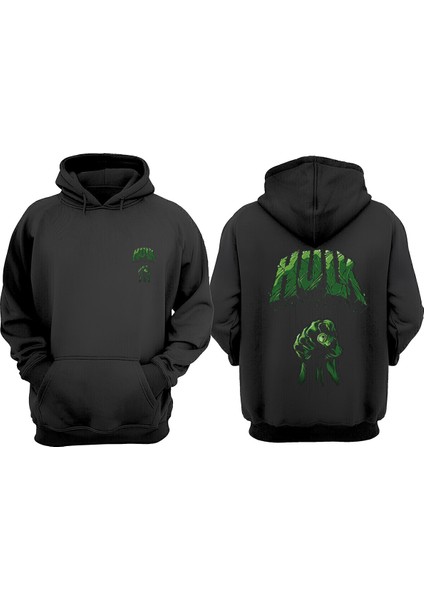 Unisex Hulk Yumruk Tasarım Ön Arka Baskılı Normal Kalıp Siyah Sweatshirt