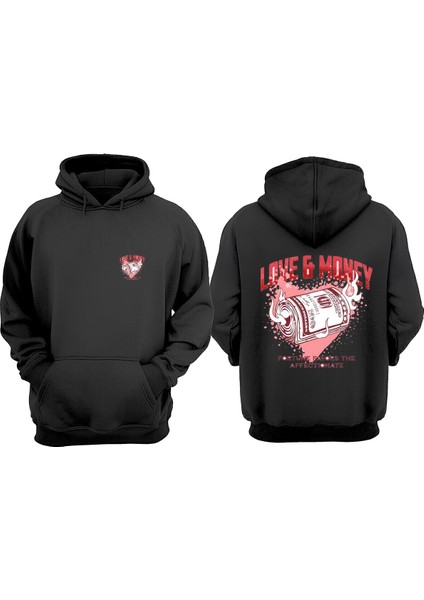 Unisex Love And Money Tasarım Ön Arka Baskılı Normal Kalıp Siyah Sweatshirt