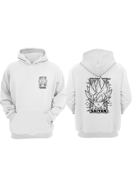 Unisex Goku Saıyan Tasarım Ön Arka Baskılı Normal Kalıp Beyaz Sweatshirt
