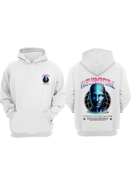 Unisex Neuronal Futuristic Tasarım Ön Arka Baskılı Normal Kalıp Beyaz Sweatshirt
