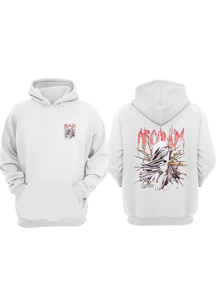 Unisex Arcanum Mask Tasarım Ön Arka Baskılı Normal Kalıp Beyaz Sweatshirt
