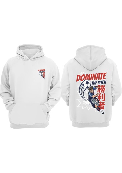 Unisex Dominate The Pitch Tasarım Ön Arka Baskılı Normal Kalıp Beyaz Sweatshirt