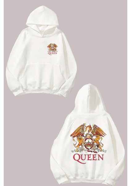 Unisex Queen Lion Tasarım Ön Arka Baskılı Normal Kalıp Beyaz Sweatshirt