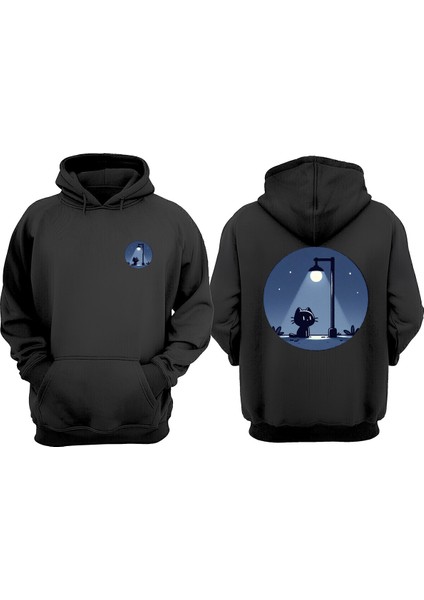 Unisex Gece Kedisi Tasarım Ön Arka Baskılı Normal Kalıp Siyah Sweatshirt