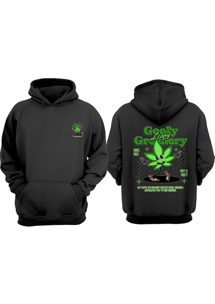 Unisex Goofy Leafy Greenery Tasarım Ön Arka Baskılı Normal Kalıp Siyah Sweatshirt