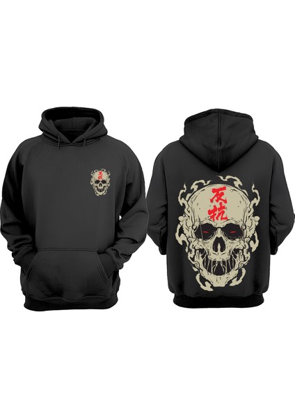 Unisex Kırmızı Yazılı Kurukafa Tasarım Ön Arka Baskılı Normal Kalıp Siyah Sweatshirt