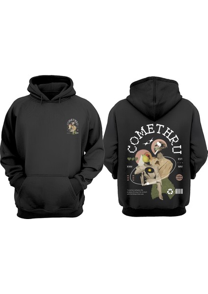 Unisex Comethru Tasarım Ön Arka Baskılı Normal Kalıp Siyah Sweatshirt