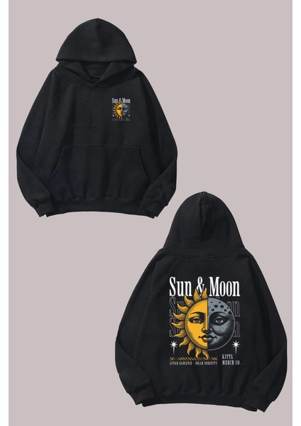 Unisex Sun And Moon Human Face Tasarım Ön Arka Baskılı Normal Kalıp Siyah Sweatshirt