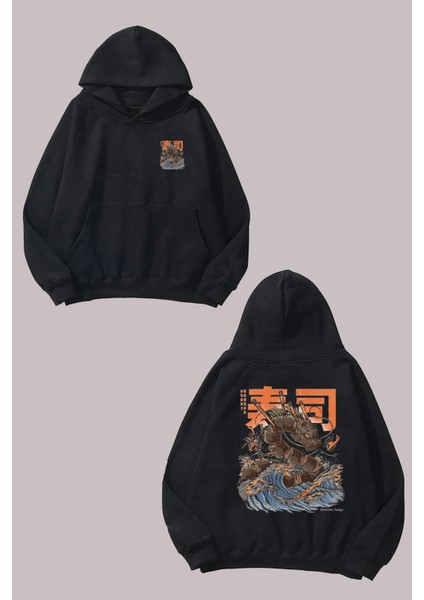 Unisex Sushi Dragon Tasarım Ön Arka Baskılı Normal Kalıp Siyah Sweatshirt
