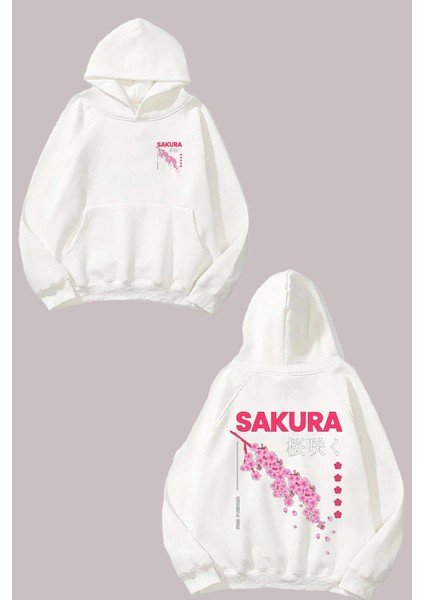 Unisex Sakura Cherry Blossom Haiku Tasarım Ön Arka Baskılı Normal Kalıp Beyaz Sweatshirt