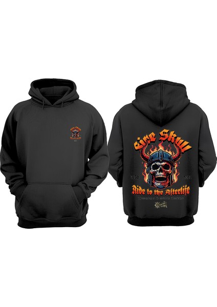 Unisex Yanan Iskelet Kafası Tasarım Ön Arka Baskılı Normal Kalıp Siyah Sweatshirt