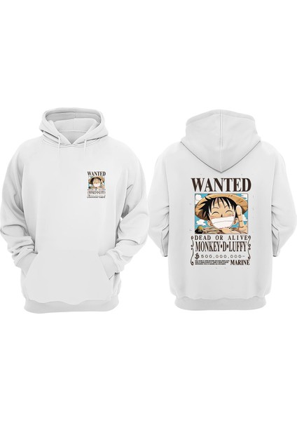 Unisex Wanted Monkey Luffy Tasarım Ön Arka Baskılı Normal Kalıp Beyaz Sweatshirt