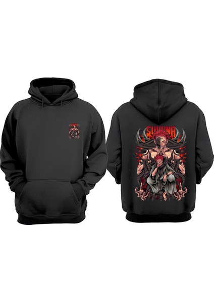 Unisex Anime Sukuna Tasarım Ön Arka Baskılı Normal Kalıp Siyah Sweatshirt