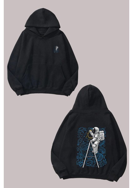 Unisex Space Doodle Astronot Tasarım Ön Arka Baskılı Normal Kalıp Siyah Sweatshirt