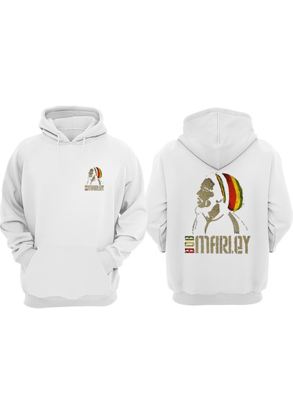 Unisex Bob Marley Renkli Bere Tasarım Ön Arka Baskılı Normal Kalıp Beyaz Sweatshirt