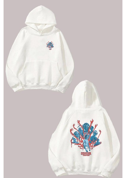 Unisex Stranger Thıngs Eller Tasarım Ön Arka Baskılı Normal Kalıp Beyaz Sweatshirt