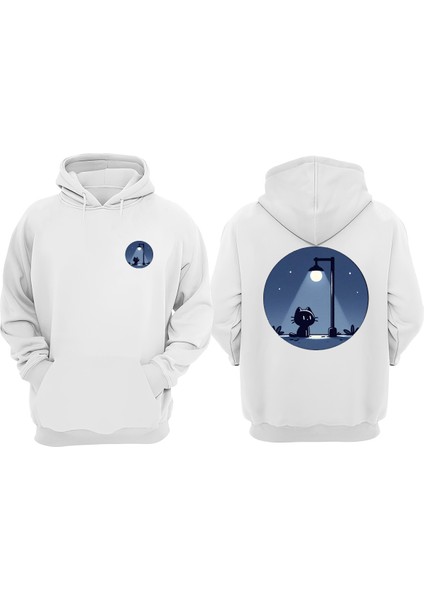 Unisex Gece Kedisi Tasarım Ön Arka Baskılı Normal Kalıp Beyaz Sweatshirt