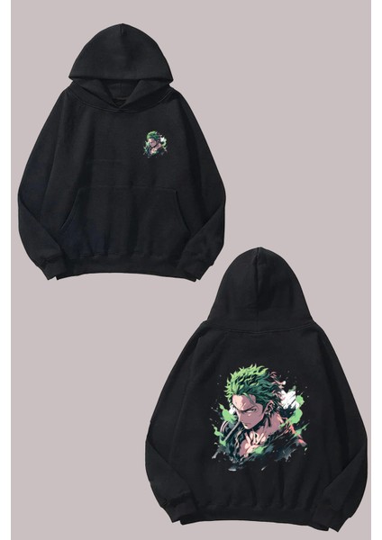Unisex One Piece Roronoa Zoro Yeşil Saç Tasarım Ön Arka Baskılı Normal Kalıp Siyah Sweatshirt