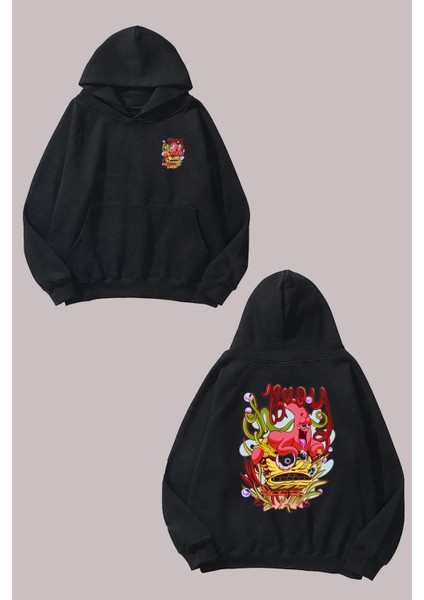 Unisex Sunger Bob Patrick Tasarım Ön Arka Baskılı Normal Kalıp Siyah Sweatshirt