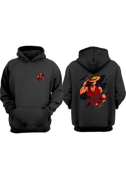 Unisex Anime Luffy Straw Hat One Piece Kesik Tasarım Ön Arka Baskılı Normal Kalıp Siyah Sweatshirt