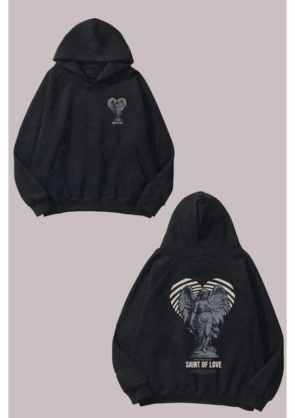 Unisex Saint Of Love Tasarım Ön Arka Baskılı Normal Kalıp Siyah Sweatshirt