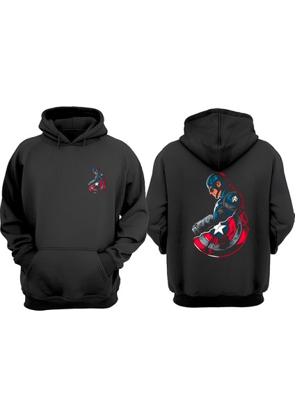 Unisex Captain America Marvel Tasarım Ön Arka Baskılı Normal Kalıp Siyah Sweatshirt