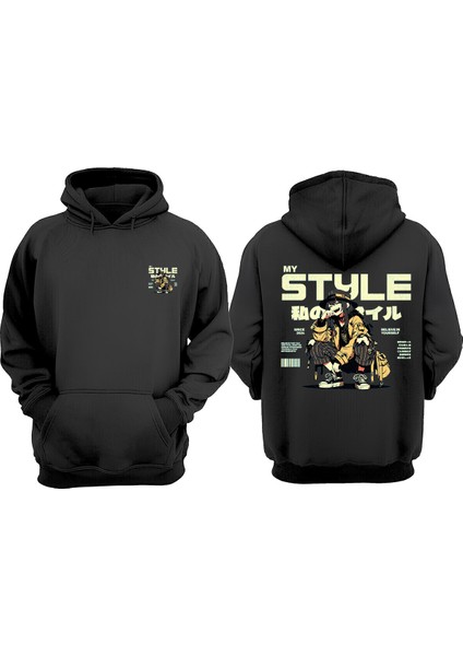 Unisex My Style Tasarım Ön Arka Baskılı Normal Kalıp Siyah Sweatshirt
