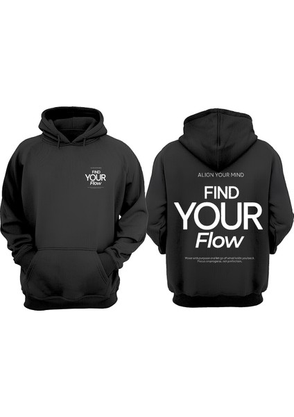 Unisex Find Your Flow Tasarım Ön Arka Baskılı Normal Kalıp Siyah Sweatshirt