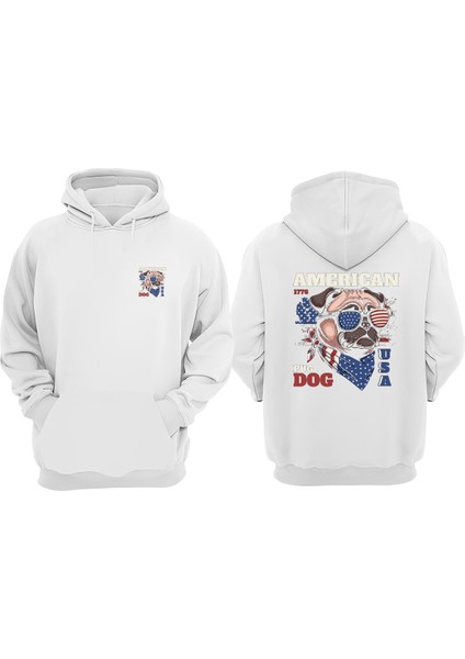 Unisex American Pug Dog Tasarım Ön Arka Baskılı Normal Kalıp Beyaz Sweatshirt