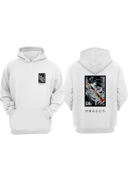 Unisex Demon Slayer Rangoku Tasarım Ön Arka Baskılı Normal Kalıp Beyaz Sweatshirt