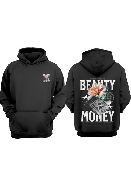 Unisex Beahty Money Tasarım Ön Arka Baskılı Normal Kalıp Siyah Sweatshirt
