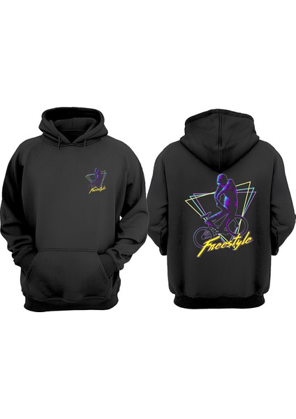 Unisex Bike Freestyle Tasarım Ön Arka Baskılı Normal Kalıp Siyah Sweatshirt