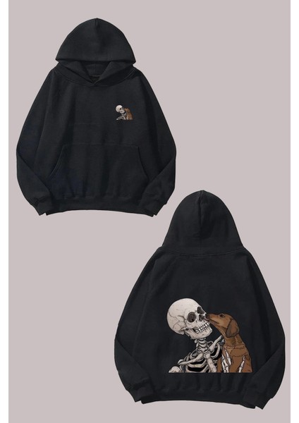 Unisex Skeleton Dog Tasarım Ön Arka Baskılı Normal Kalıp Siyah Sweatshirt