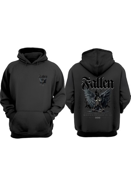 Unisex Fallen Skeleton Wings Tasarım Ön Arka Baskılı Normal Kalıp Siyah Sweatshirt