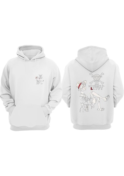 Unisex Monkey Luffy Tasarım Ön Arka Baskılı Normal Kalıp Beyaz Sweatshirt