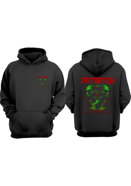 Unisex Distortion Tasarım Ön Arka Baskılı Normal Kalıp Siyah Sweatshirt