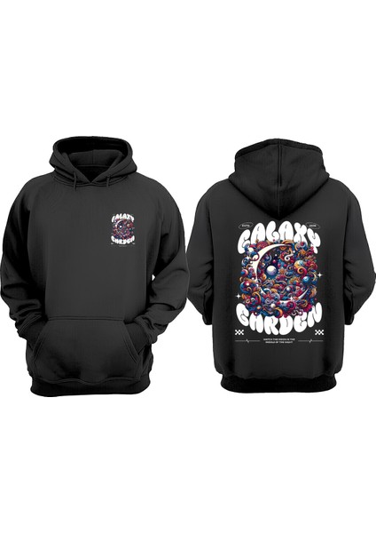 Unisex Galaxy Garden Tasarım Ön Arka Baskılı Normal Kalıp Siyah Sweatshirt