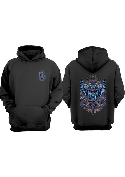 Unisex Wisdom Keeper Owl Key Tasarım Ön Arka Baskılı Normal Kalıp Siyah Sweatshirt